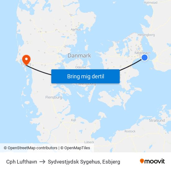 Cph Lufthavn to Sydvestjydsk Sygehus, Esbjerg map