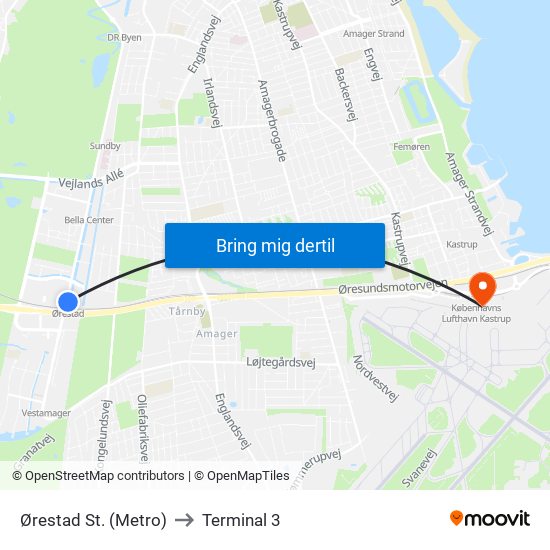 Ørestad St. (Metro) to Terminal 3 map