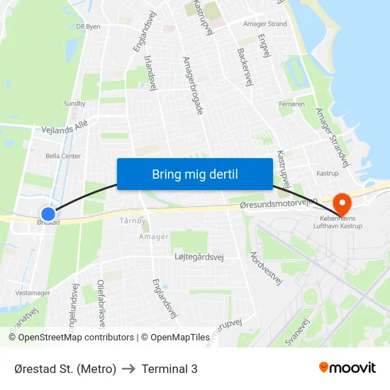 Ørestad St. (Metro) to Terminal 3 map