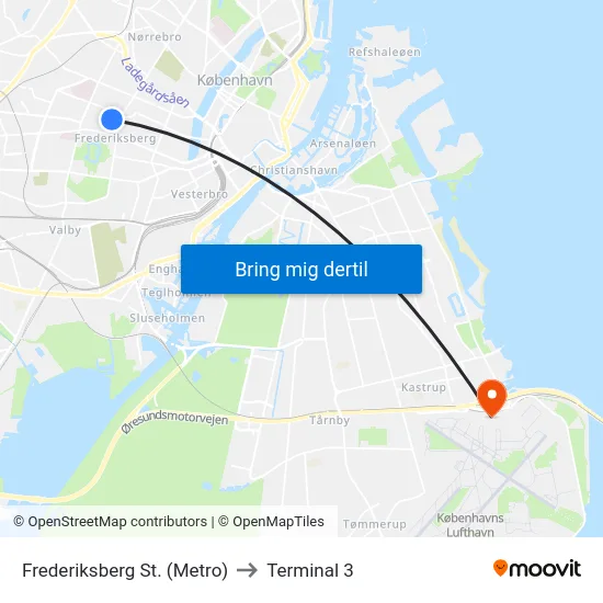Frederiksberg St. (Metro) to Terminal 3 map