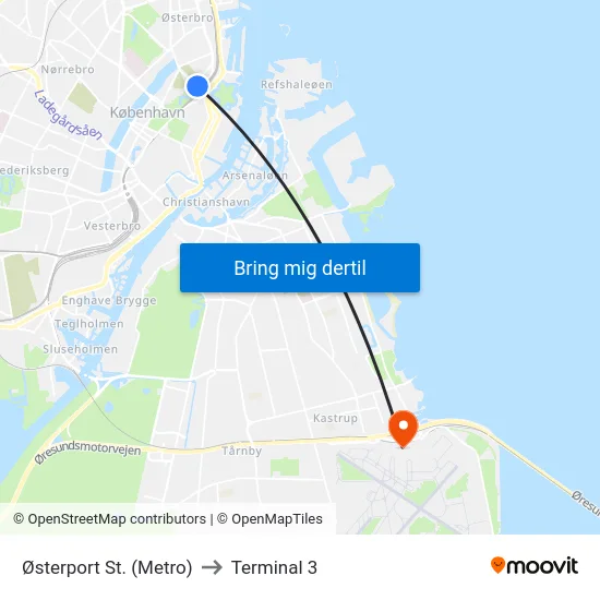 Østerport St. (Metro) to Terminal 3 map