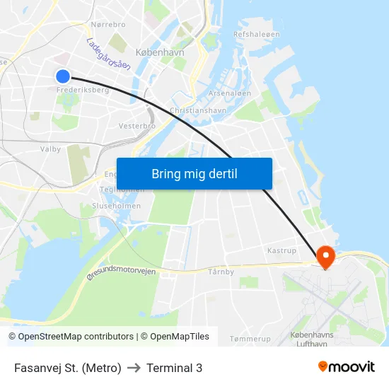 Fasanvej St. (Metro) to Terminal 3 map