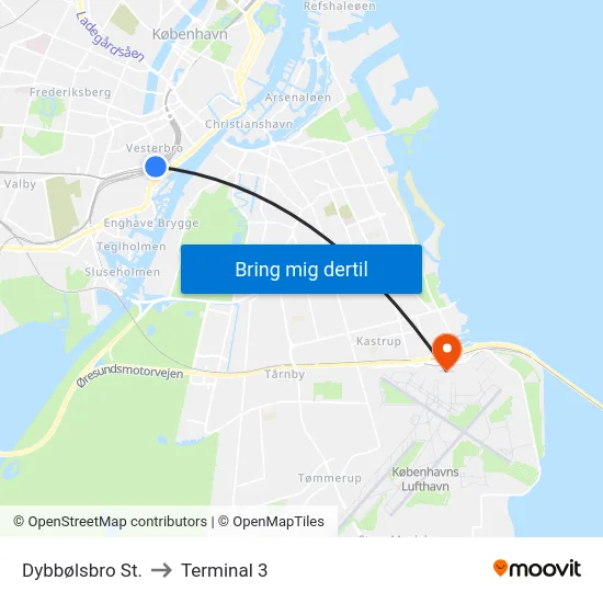 Dybbølsbro St. to Terminal 3 map
