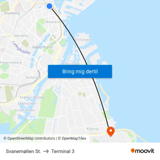 Svanemøllen St. to Terminal 3 map