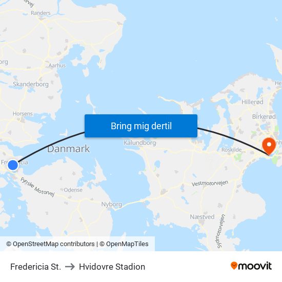 Fredericia St. to Hvidovre Stadion map