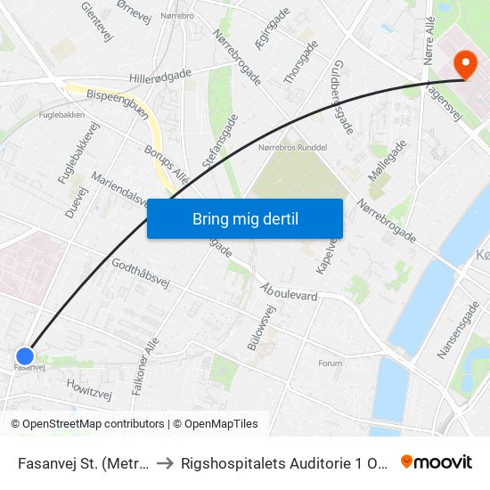 Fasanvej St. (Metro) to Rigshospitalets Auditorie 1 Og 2 map