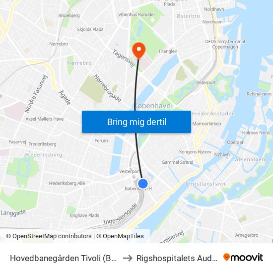 Hovedbanegården Tivoli (Bernstorffsgade) to Rigshospitalets Auditorie 1 Og 2 map