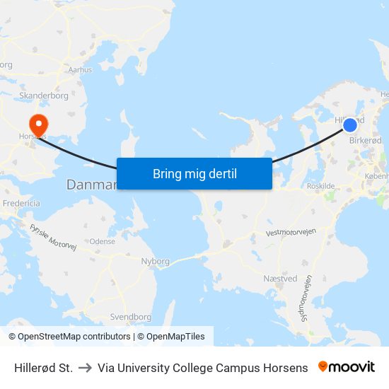 Hillerød St. to Via University College Campus Horsens map