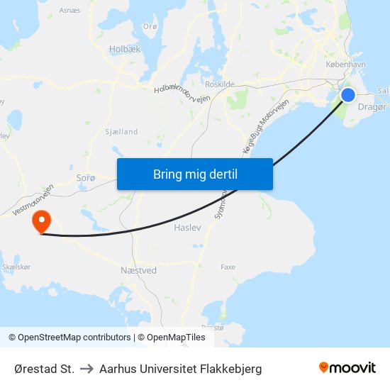 Ørestad St. to Aarhus Universitet Flakkebjerg map