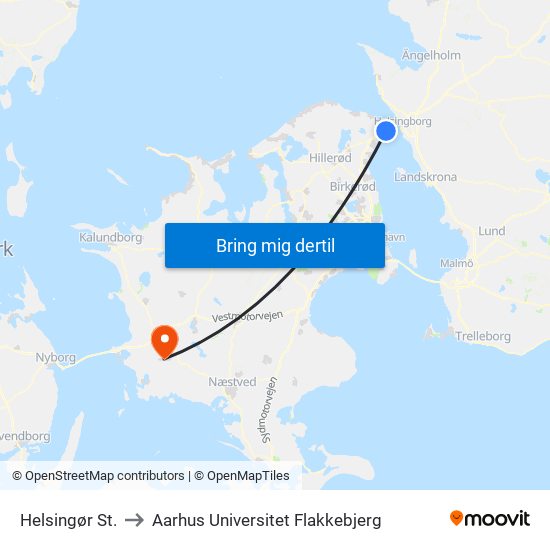 Helsingør St. to Aarhus Universitet Flakkebjerg map