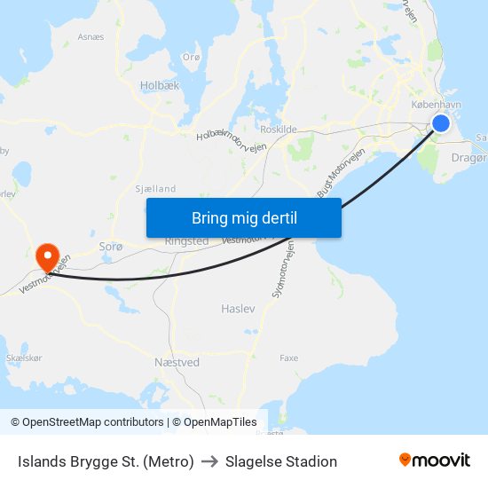 Islands Brygge St. (Metro) to Slagelse Stadion map