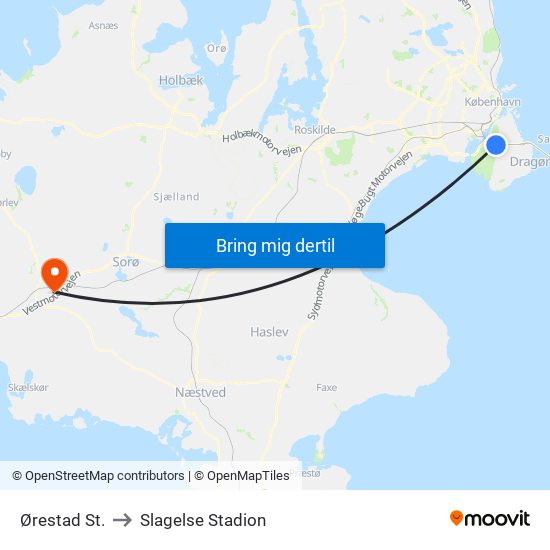 Ørestad St. to Slagelse Stadion map