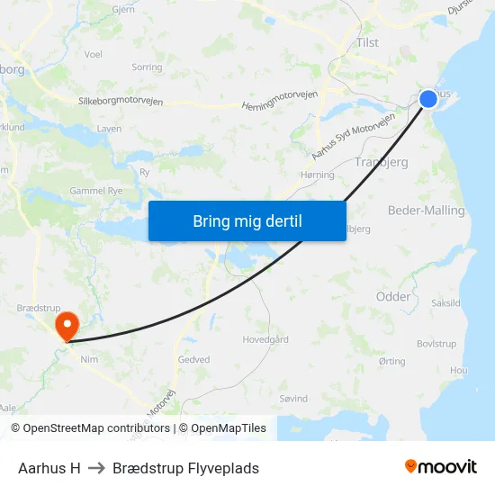 Aarhus H to Brædstrup Flyveplads map