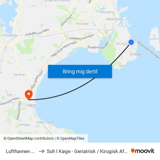 Lufthavnen St. (Metro) to Suh I Køge - Geriatrisk / Kirugisk Afd. Sengeafsnit L1 Og E1 map