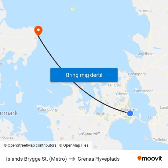 Islands Brygge St. (Metro) to Grenaa Flyveplads map