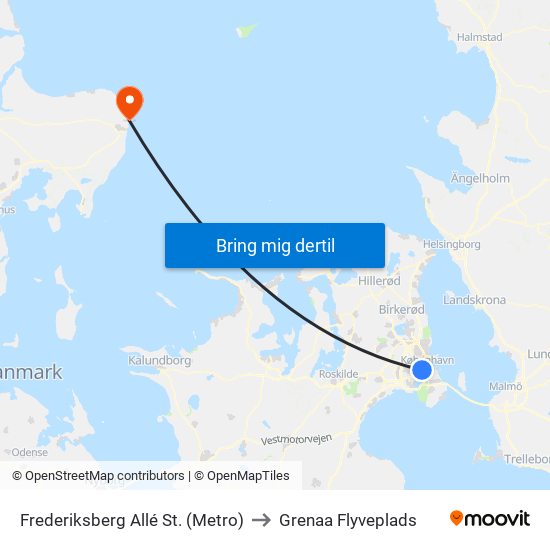 Frederiksberg Allé St. (Metro) to Grenaa Flyveplads map