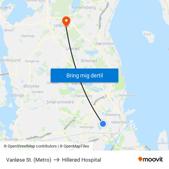 Vanløse St. (Metro) to Hillerød Hospital map