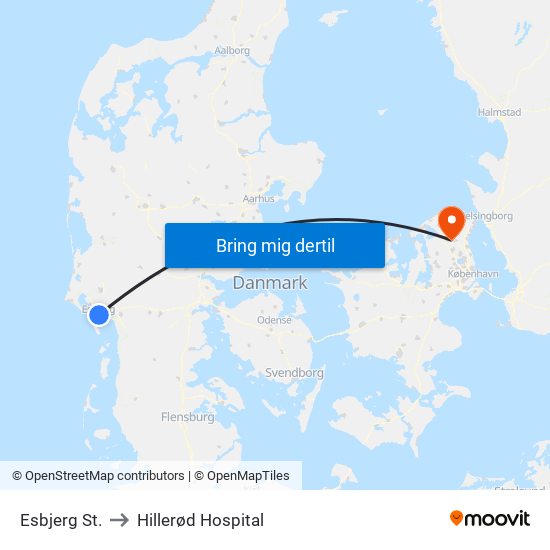 Esbjerg St. to Hillerød Hospital map