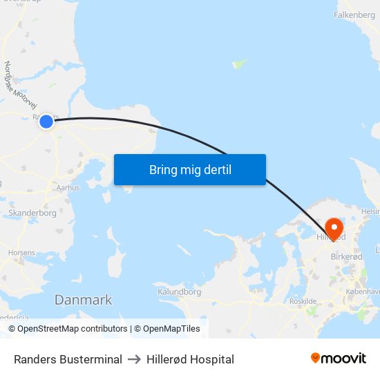 Randers Busterminal to Hillerød Hospital map