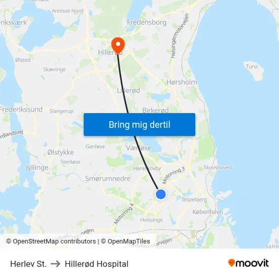 Herlev St. to Hillerød Hospital map