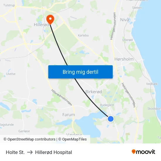 Holte St. to Hillerød Hospital map