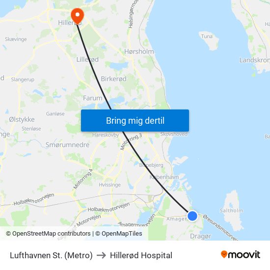 Lufthavnen St. (Metro) to Hillerød Hospital map