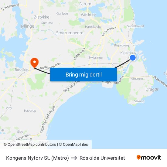Kongens Nytorv St. (Metro) to Roskilde Universitet map