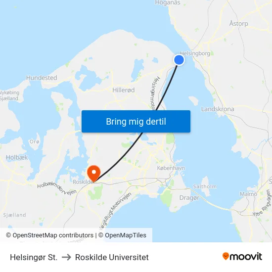 Helsingør St. to Roskilde Universitet map