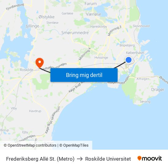 Frederiksberg Allé St. (Metro) to Roskilde Universitet map