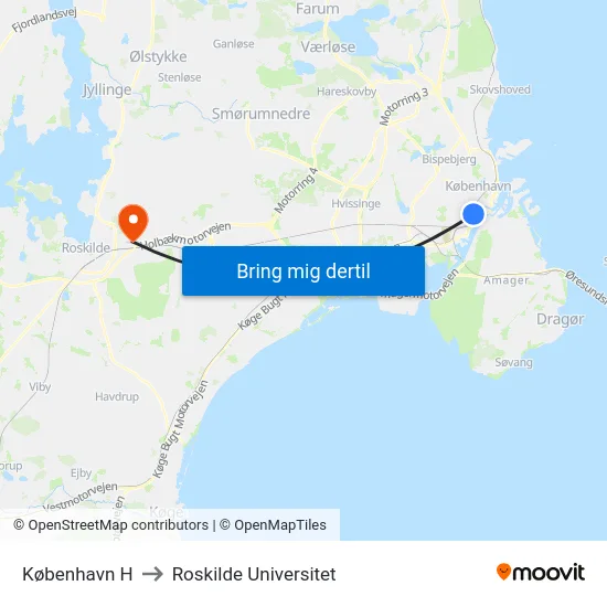 København H to Roskilde Universitet map