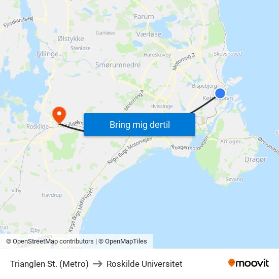 Trianglen St. (Metro) to Roskilde Universitet map