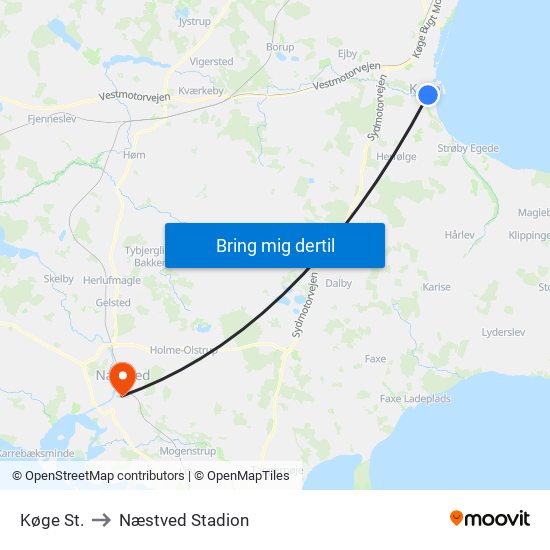 Køge St. to Næstved Stadion map