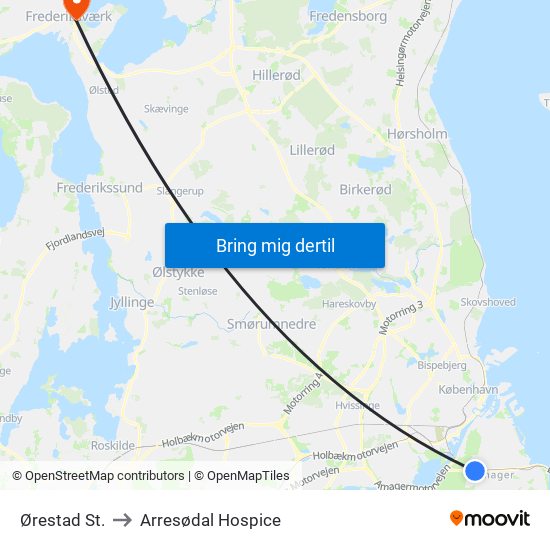 Ørestad St. to Arresødal Hospice map