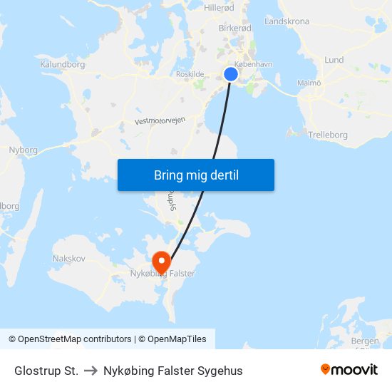 Glostrup St. to Nykøbing Falster Sygehus map