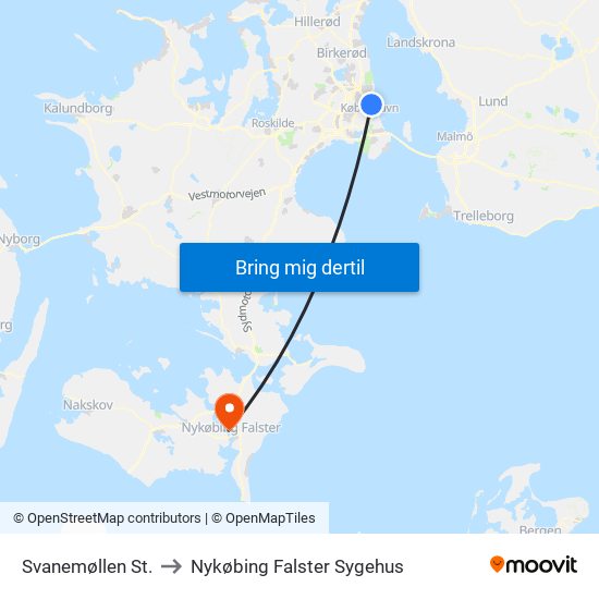 Svanemøllen St. to Nykøbing Falster Sygehus map