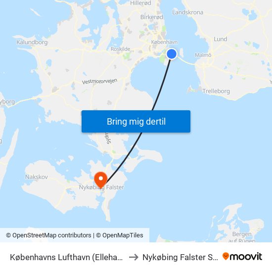 Københavns Lufthavn (Ellehammersvej) to Nykøbing Falster Sygehus map