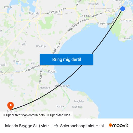 Islands Brygge St. (Metro) to Sclerosehospitalet Haslev map
