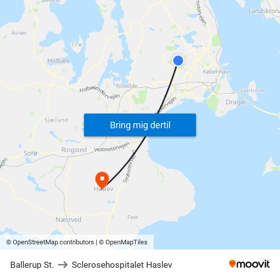 Ballerup St. to Sclerosehospitalet Haslev map