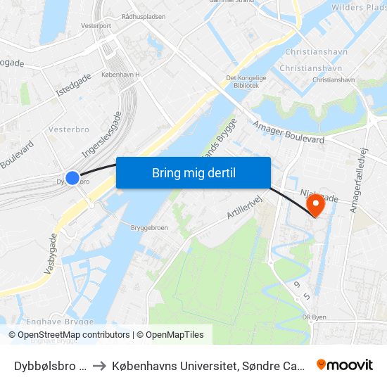Dybbølsbro St. to Københavns Universitet, Søndre Campus map