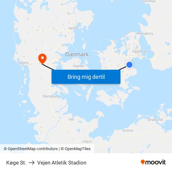 Køge St. to Vejen Atletik Stadion map