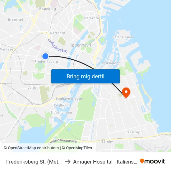 Frederiksberg St. (Metro) to Amager Hospital - Italiensvej map