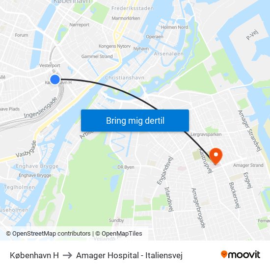 København H to Amager Hospital - Italiensvej map