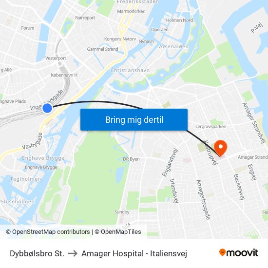 Dybbølsbro St. to Amager Hospital - Italiensvej map