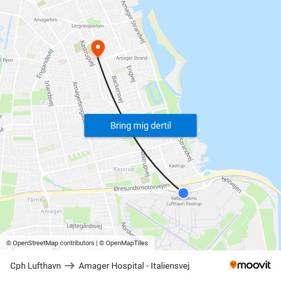 Cph Lufthavn to Amager Hospital - Italiensvej map
