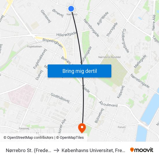 Nørrebro St. (Frederikssundsvej) to Københavns Universitet, Frederiksberg Campus map