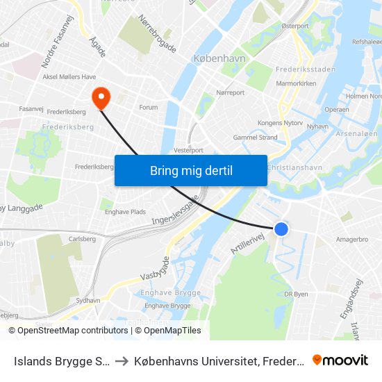 Islands Brygge St. (Metro) to Københavns Universitet, Frederiksberg Campus map