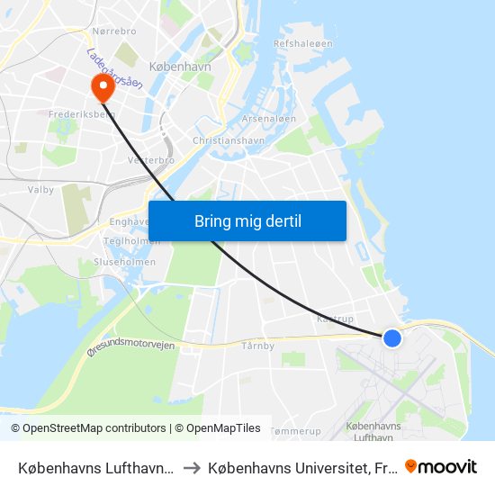 Københavns Lufthavn (Ellehammersvej) to Københavns Universitet, Frederiksberg Campus map