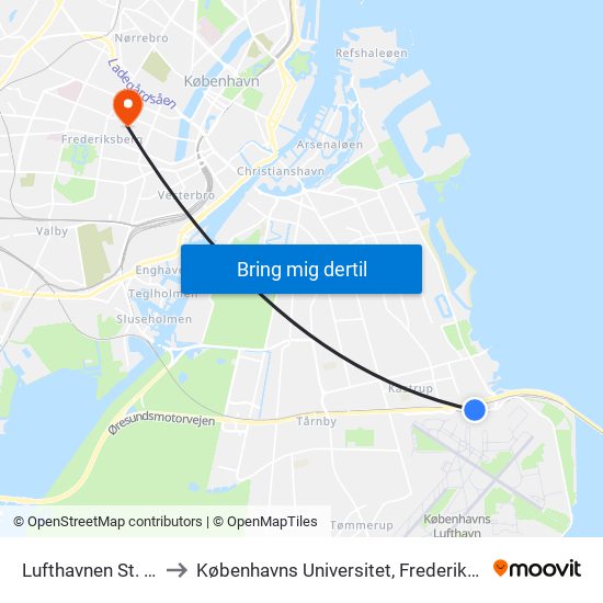 Lufthavnen St. (Metro) to Københavns Universitet, Frederiksberg Campus map