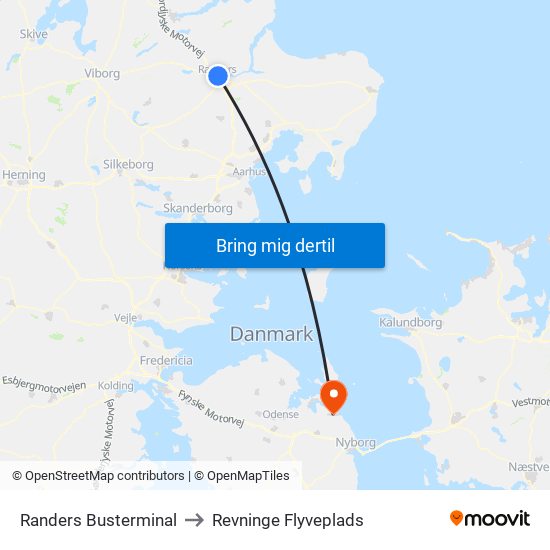 Randers Busterminal to Revninge Flyveplads map