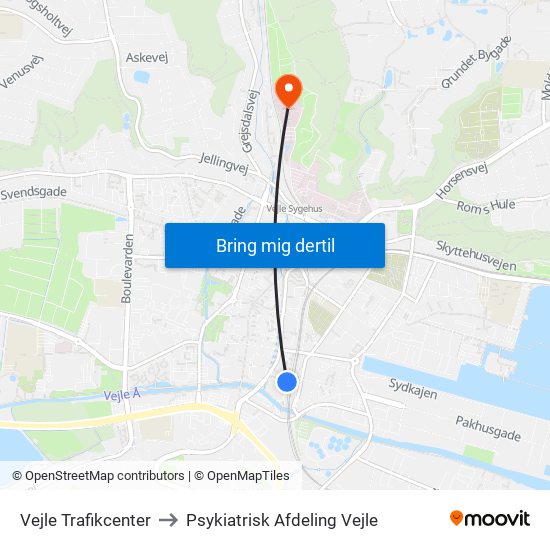 Vejle Trafikcenter to Psykiatrisk Afdeling Vejle map